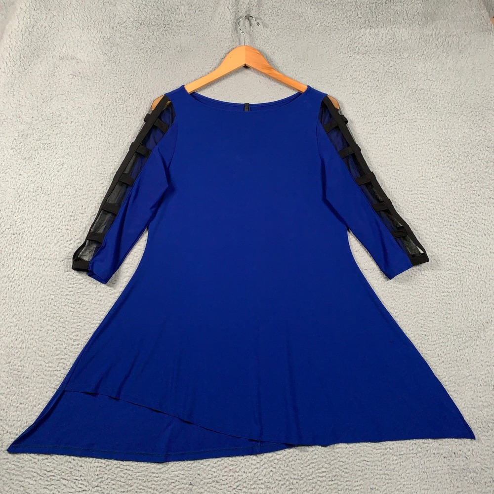 IC by Connie K Cold Shoulder Lattice Sleeve Tunic Women Medium Blue Asymmetrical